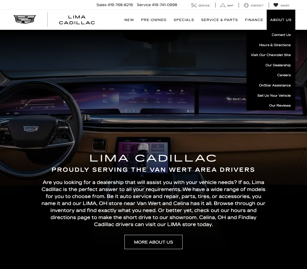Lima Cadillac homepage with large hero and clear CTAs