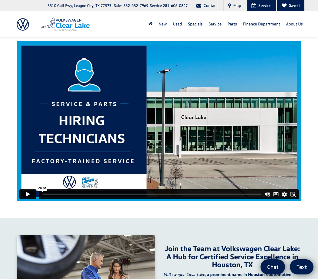 VW of Clear Lake technician hiring page with benefits list and apply CTA